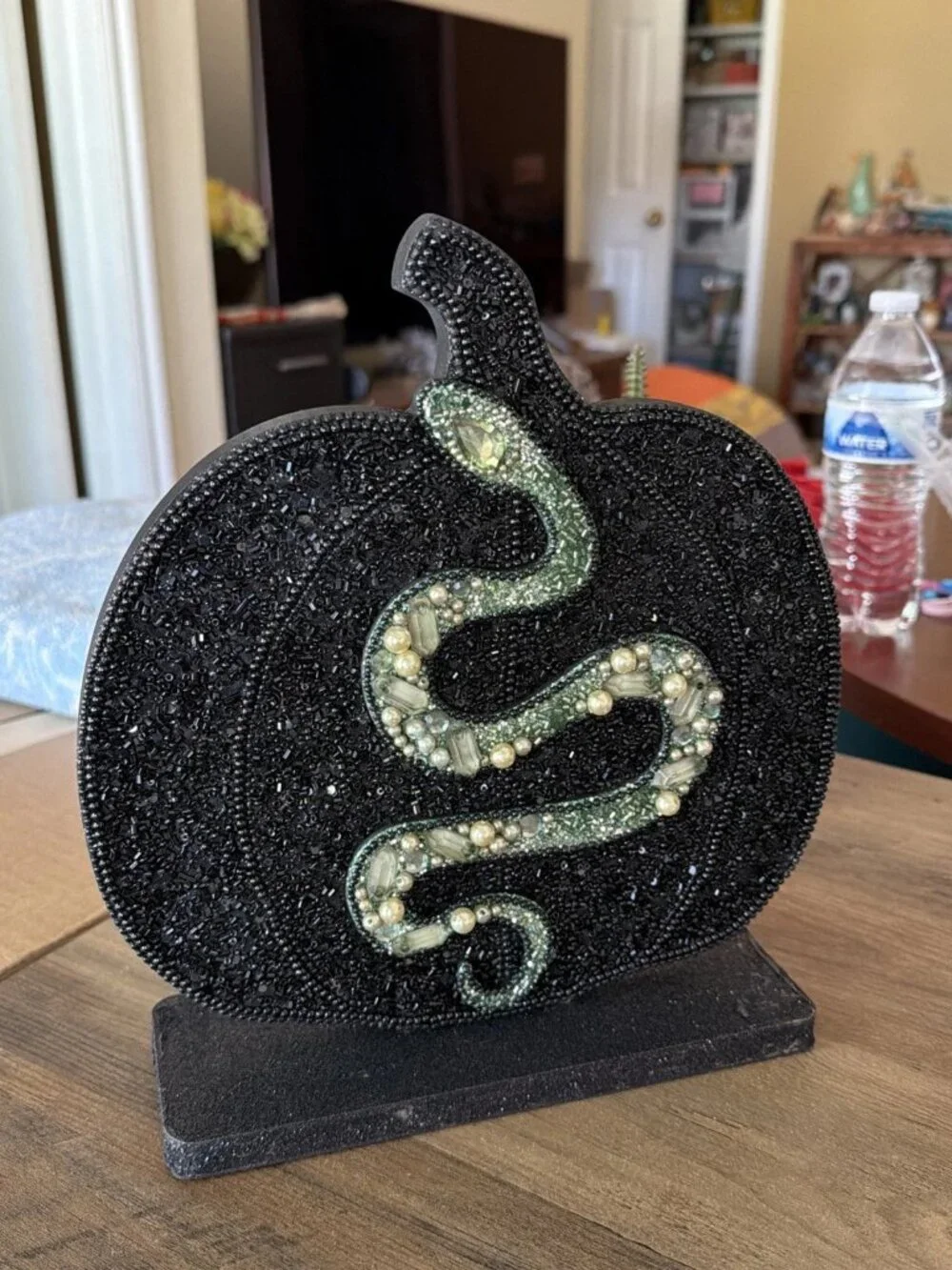 Embellished Halloween Tabletop Decor, Black Pumpkin With A Green Snake - India
